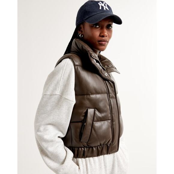 Abercrombie & Fitch Dark Brown Puffer Vest, Faux Leather - M - Picture 4 of 8